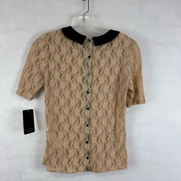 Zara Basic Beige Lace Peter Pan Collar Top Short Sleeve Size S NWT - Picture 10 of 12